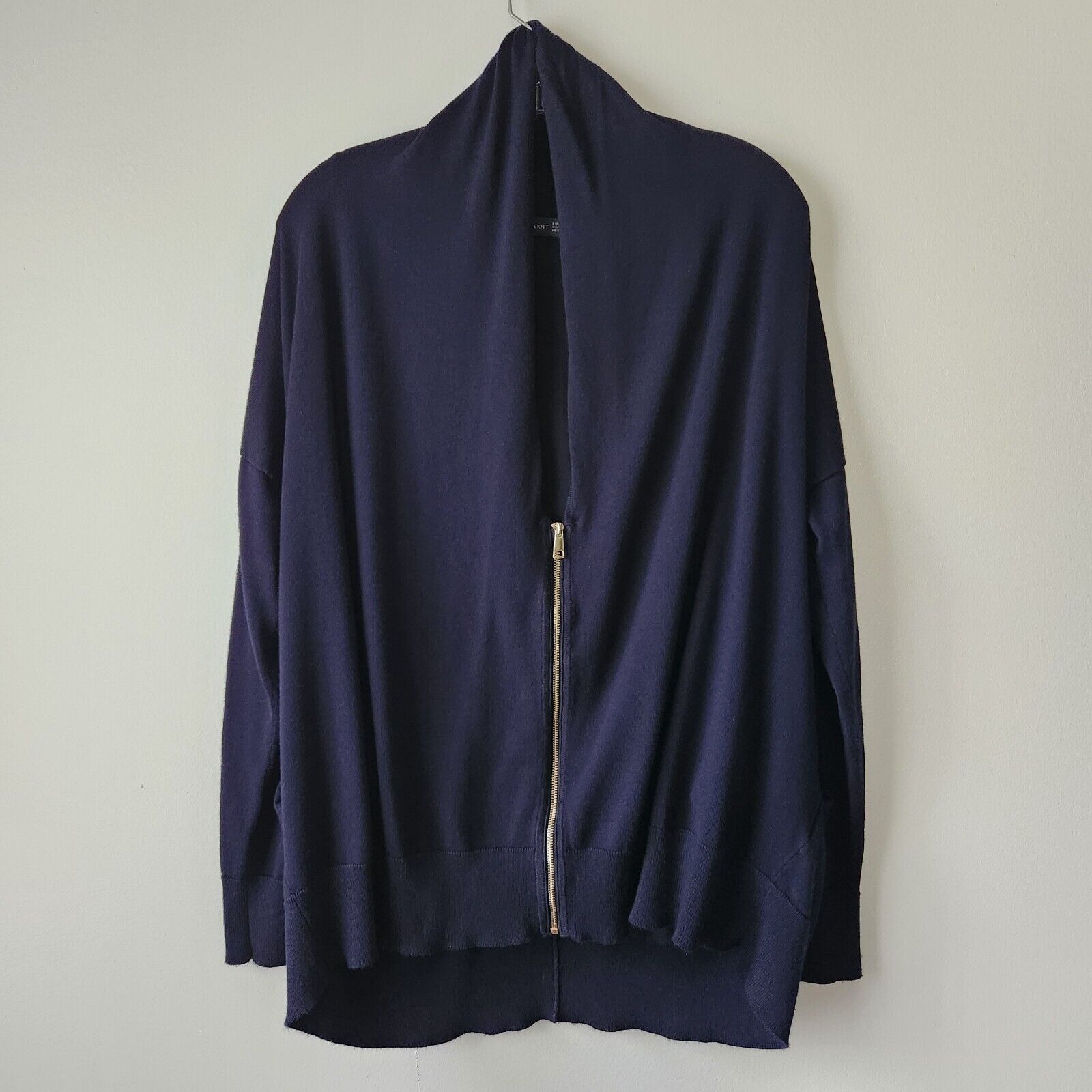 Zara Knit Cardigan Women's M Navy Full Zip Pockets High Neck Minimalist Normcore